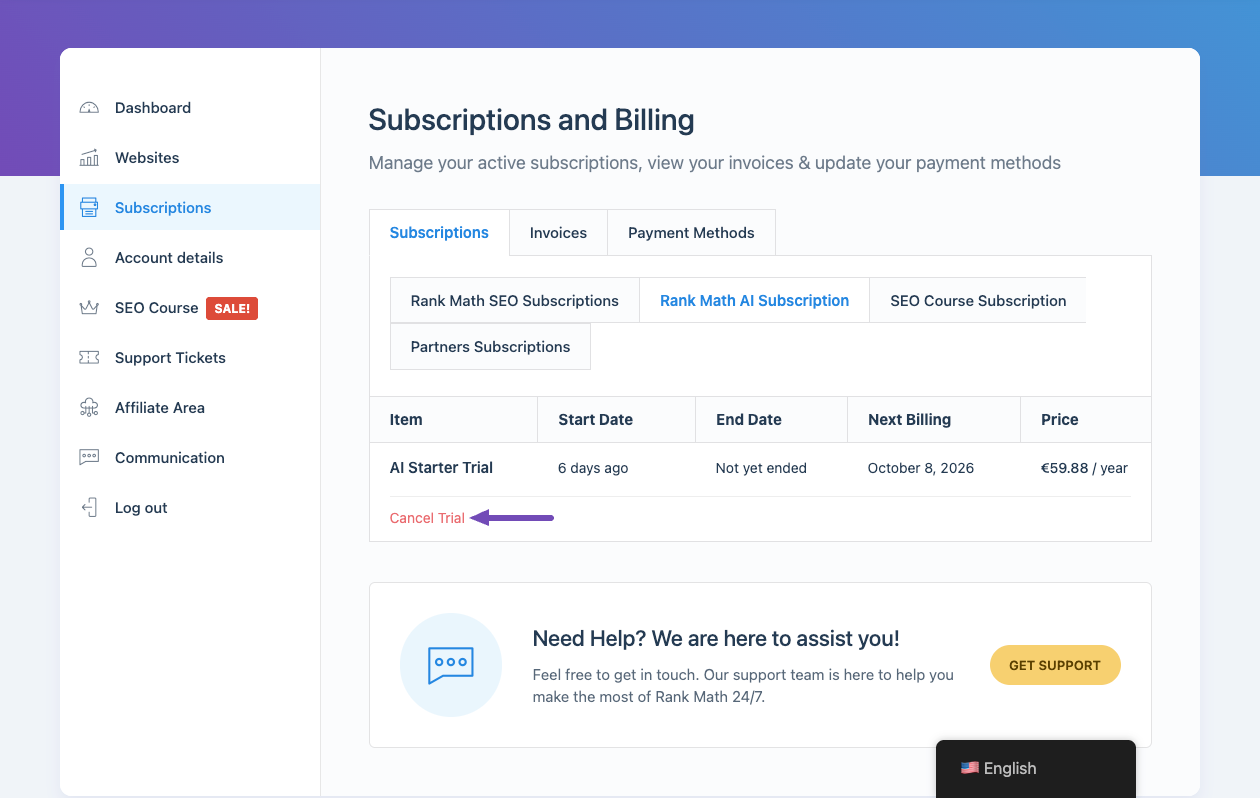Click Cancel Trial to cancel your free Rank Math AI trial