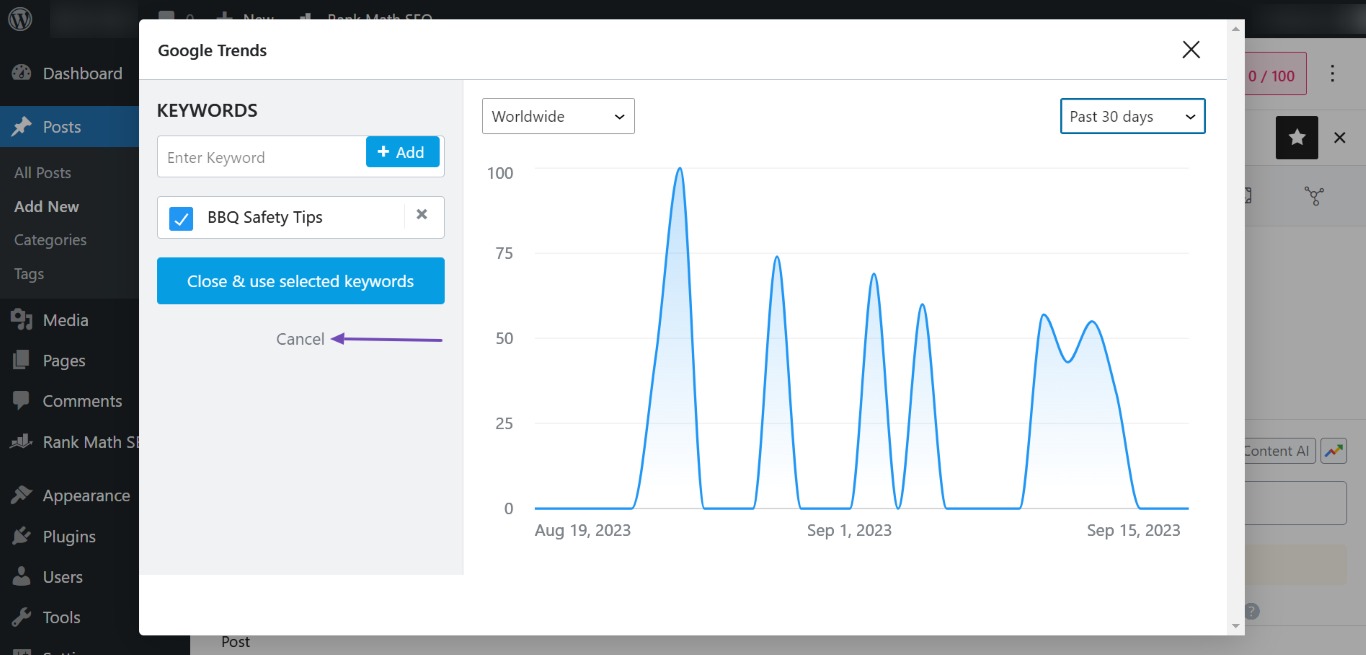 Click Cancel to close the Google Trends tool