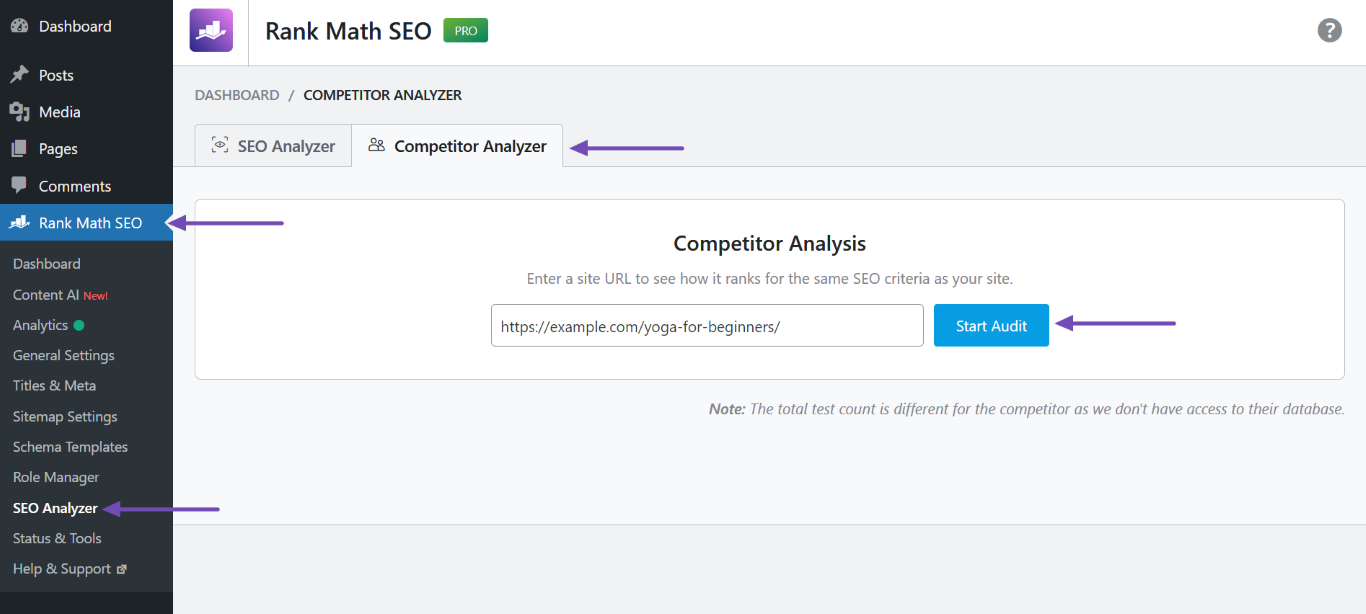 Enter your competitor’s URL into the available field and click Start Audit