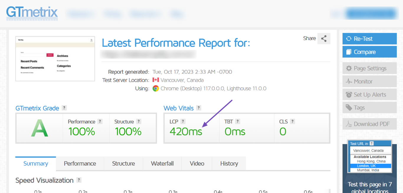 GTmetrix page speed when Rank Math is installed