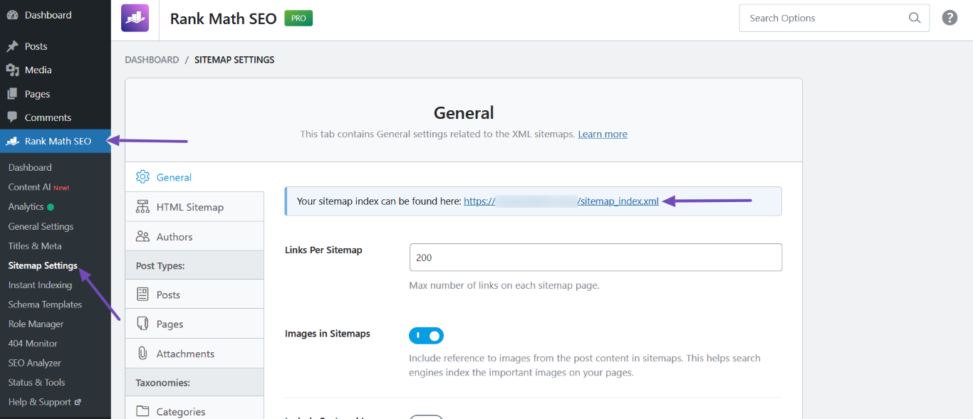 Head to Sitemap Settings