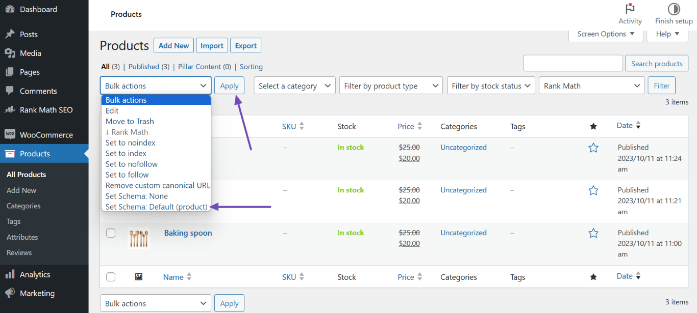 Select Set Schema default product