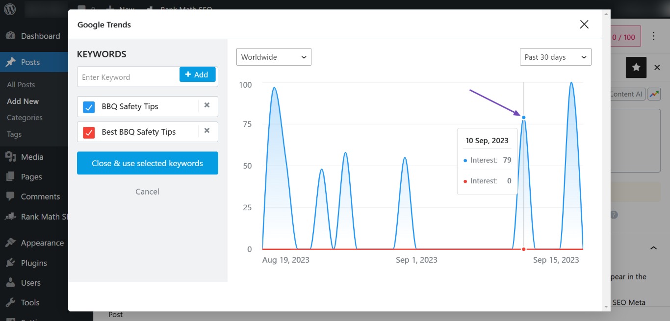 Use the cursor to display search volume data