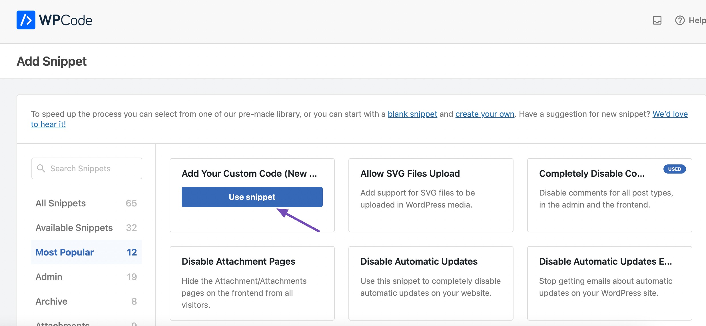 روی دکمه Use Snippet در WPCode کلیک کنید