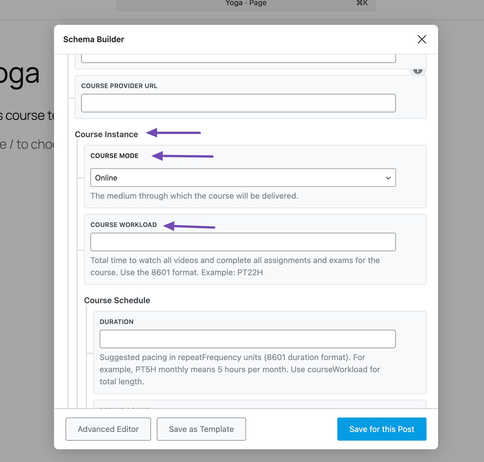 Fill in the Course Mode and Course Workload fields