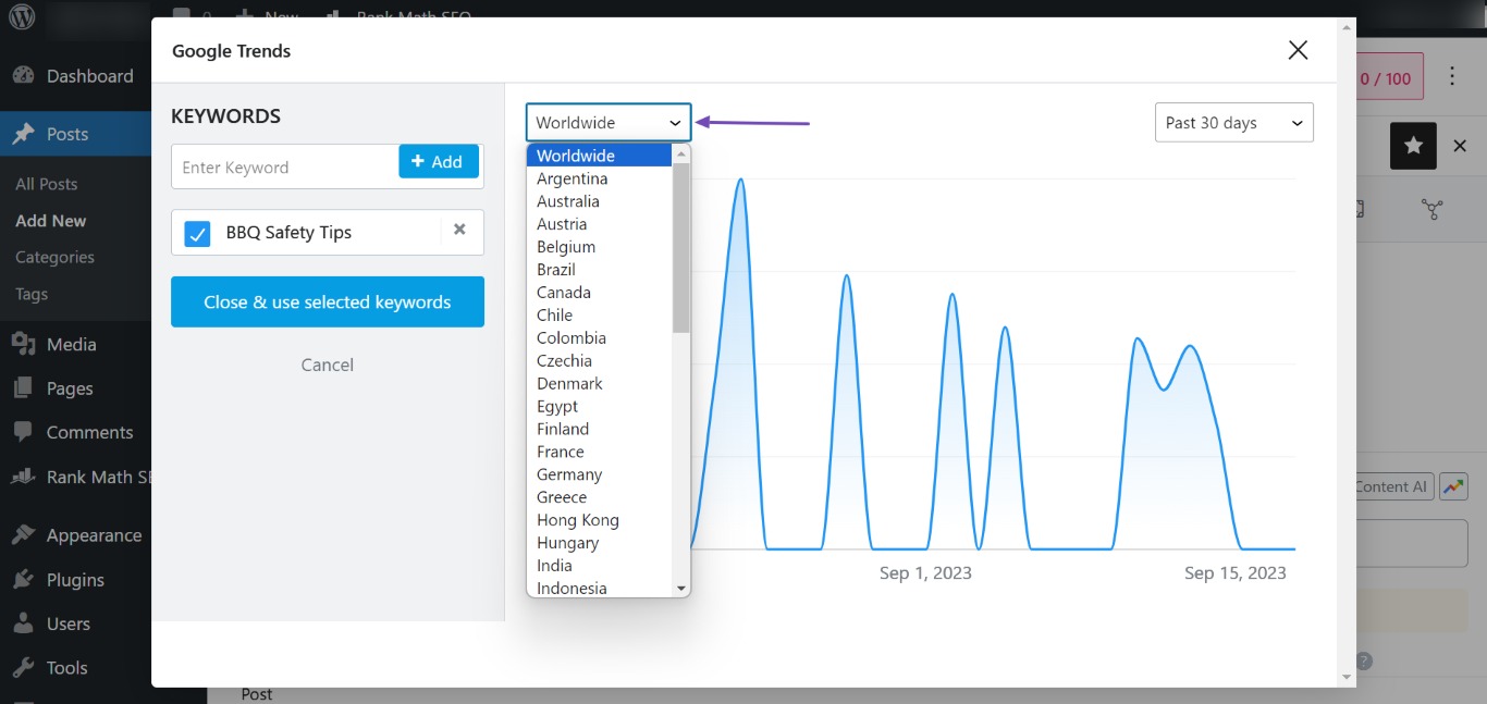 Display a country search data in Google Trends