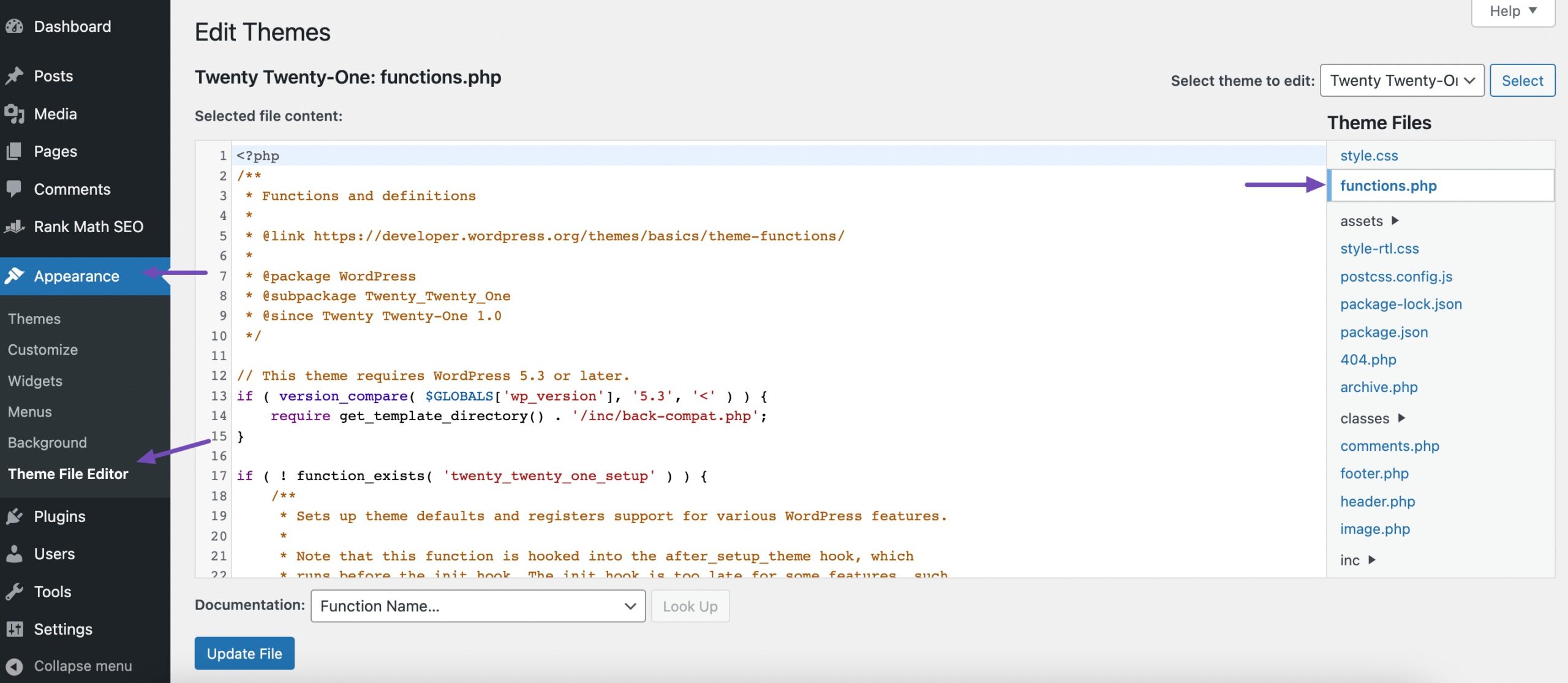 Navigate to functions.php file