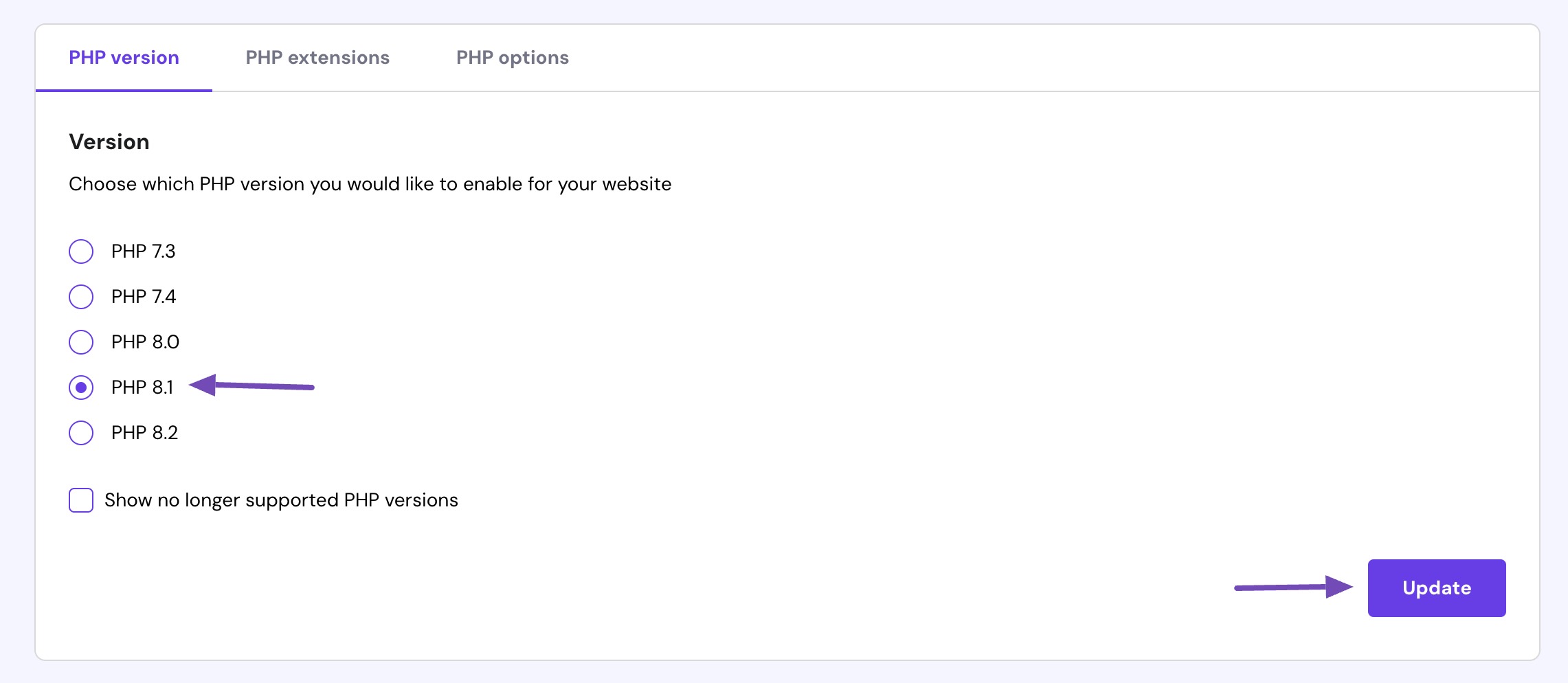 Select and update the PHP version