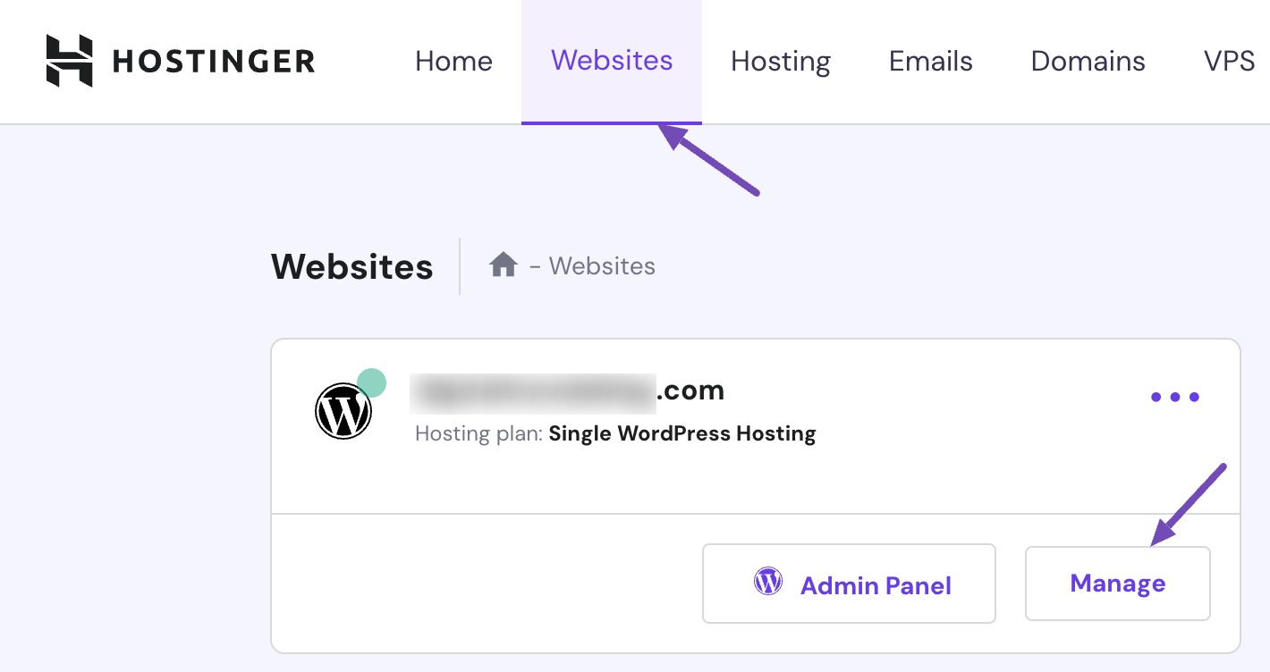 Websites tab in Hostinger