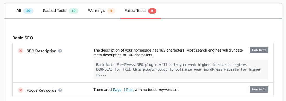 Failed Tests in SEO Analyzer