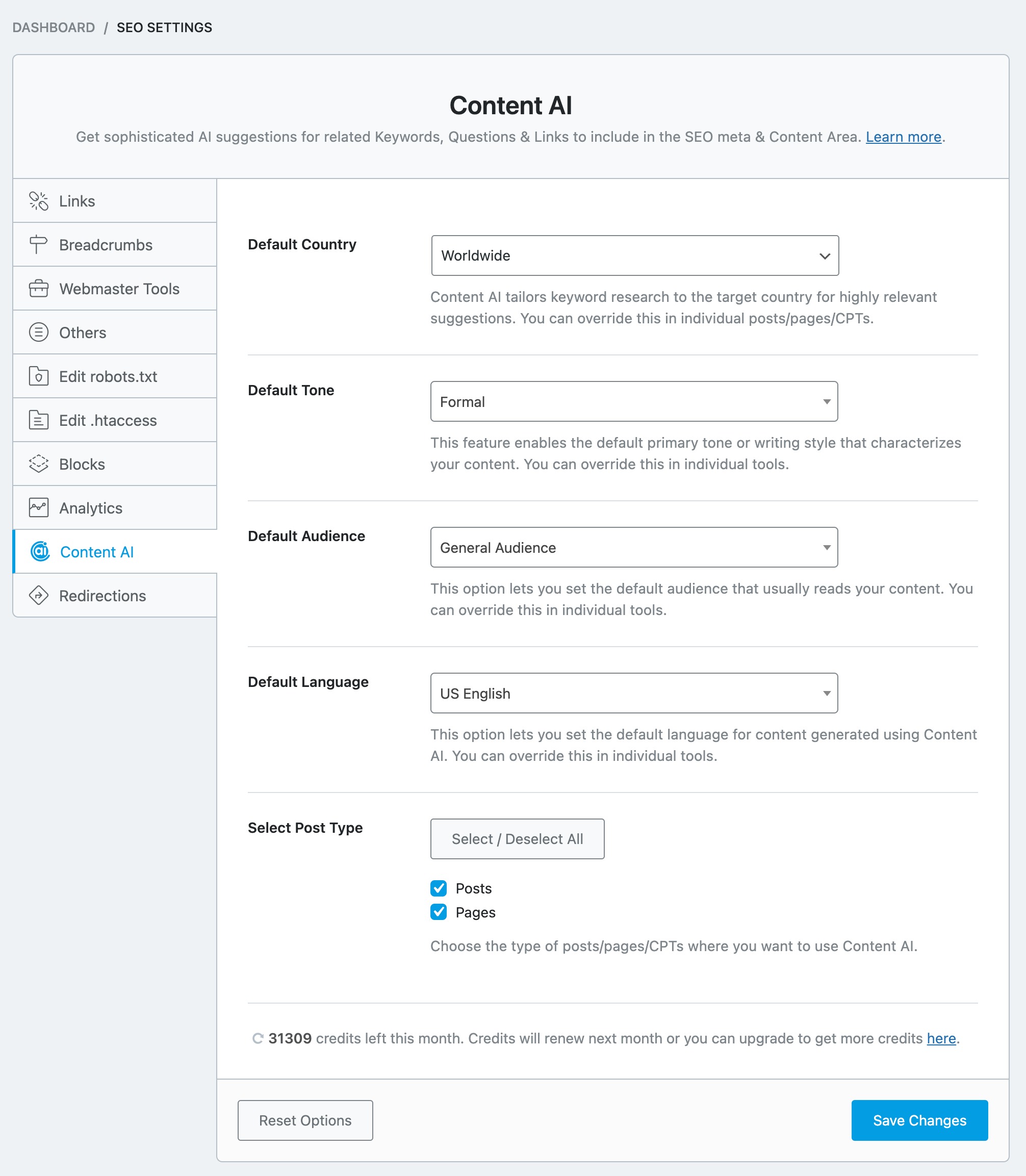 Content AI global settings