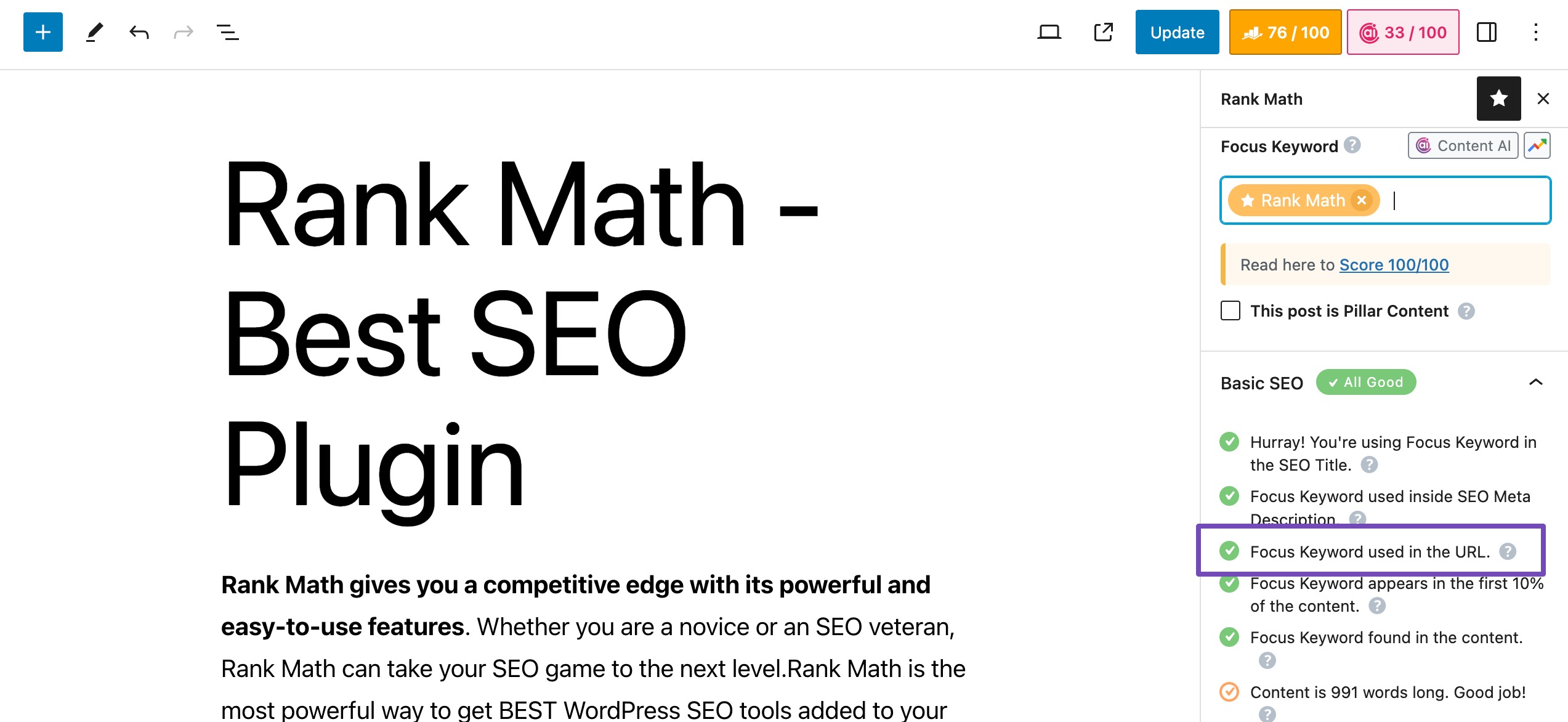Rank Math's focus keyword in URL test