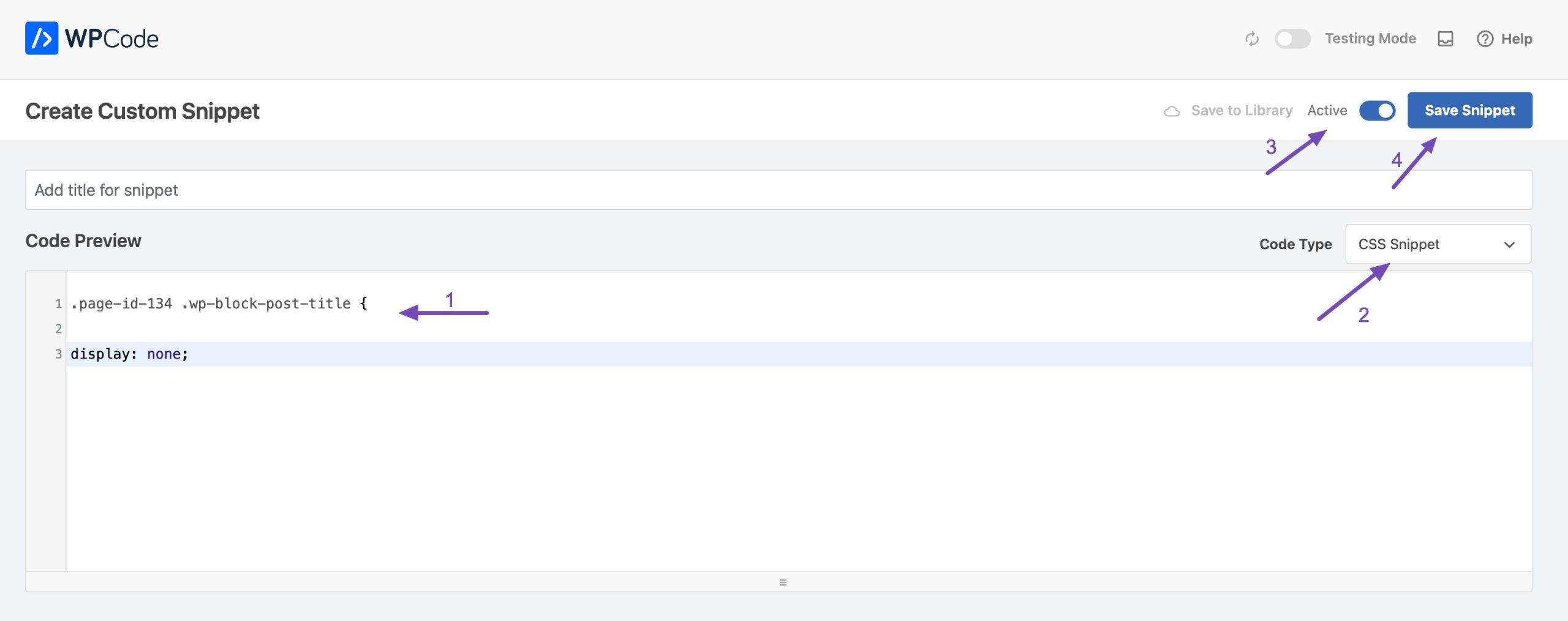 Add CSS code in the WPCode code box