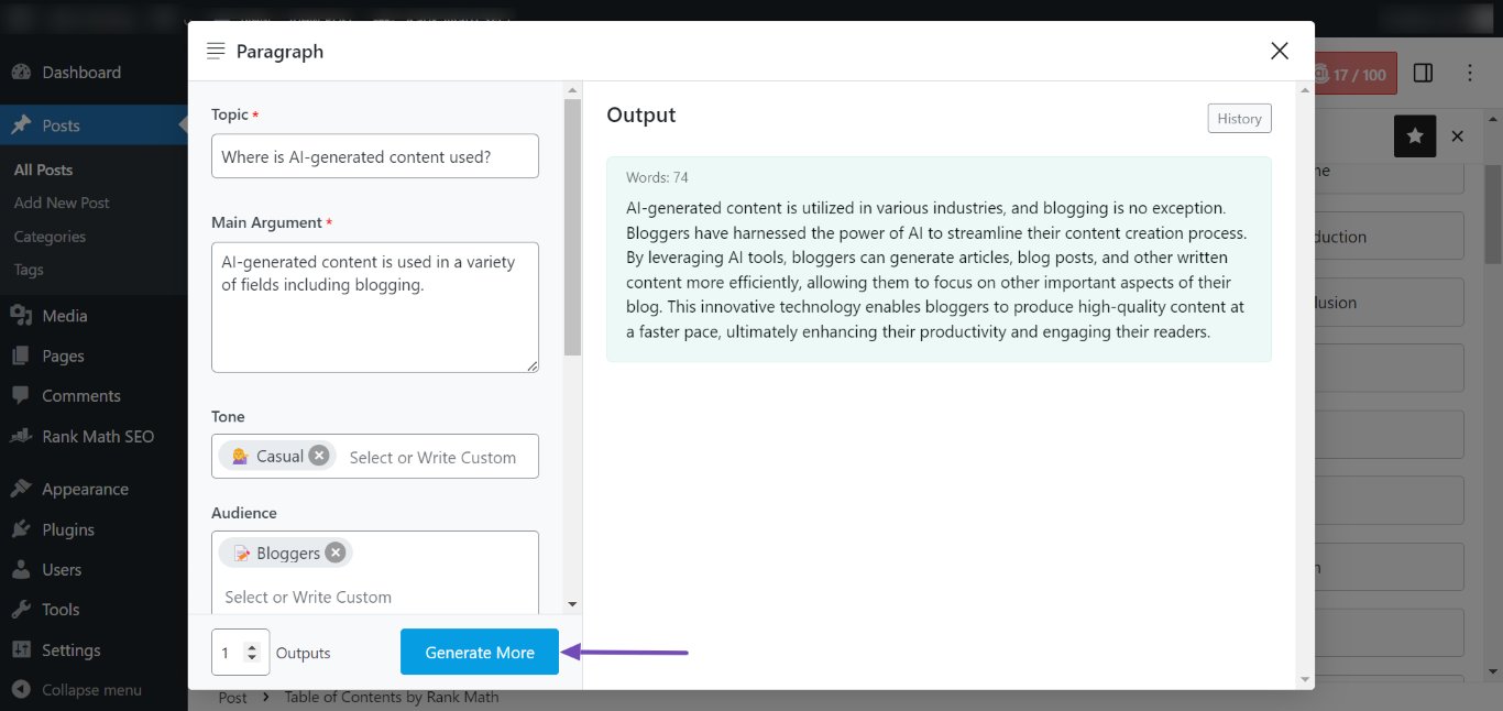 Click Generate More to generate more paragraphs