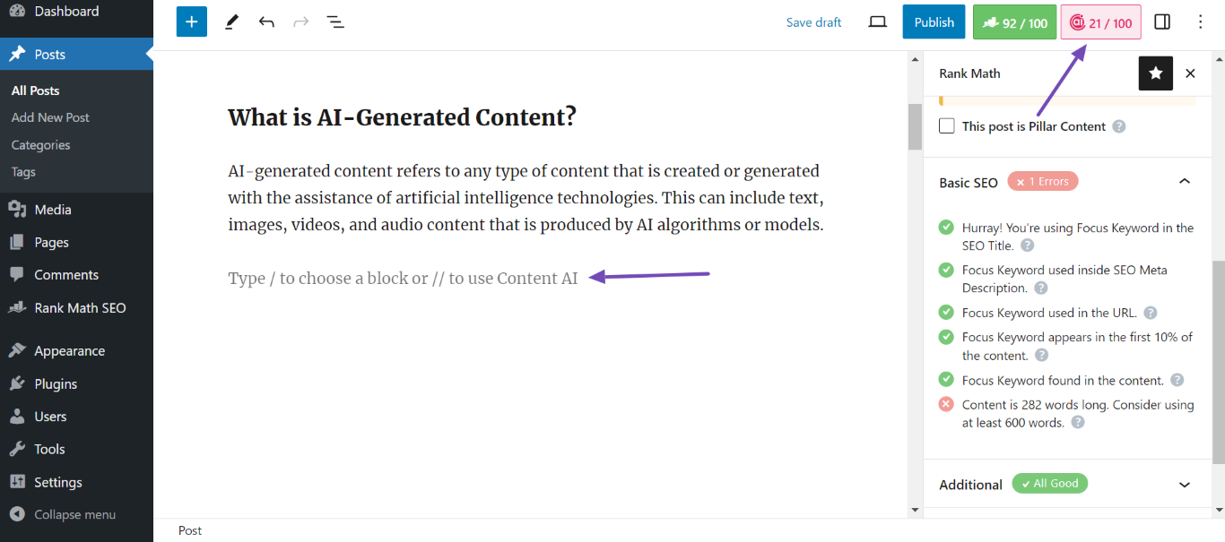 Create a new paragraph and click the Content AI icon at the top-right area of the page