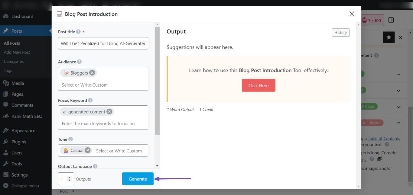 Fill in the required fields and click Generate