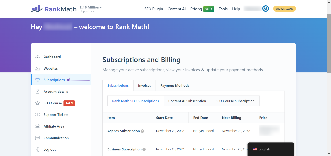 Navigate to Rank Math Dashboard - Subscriptions