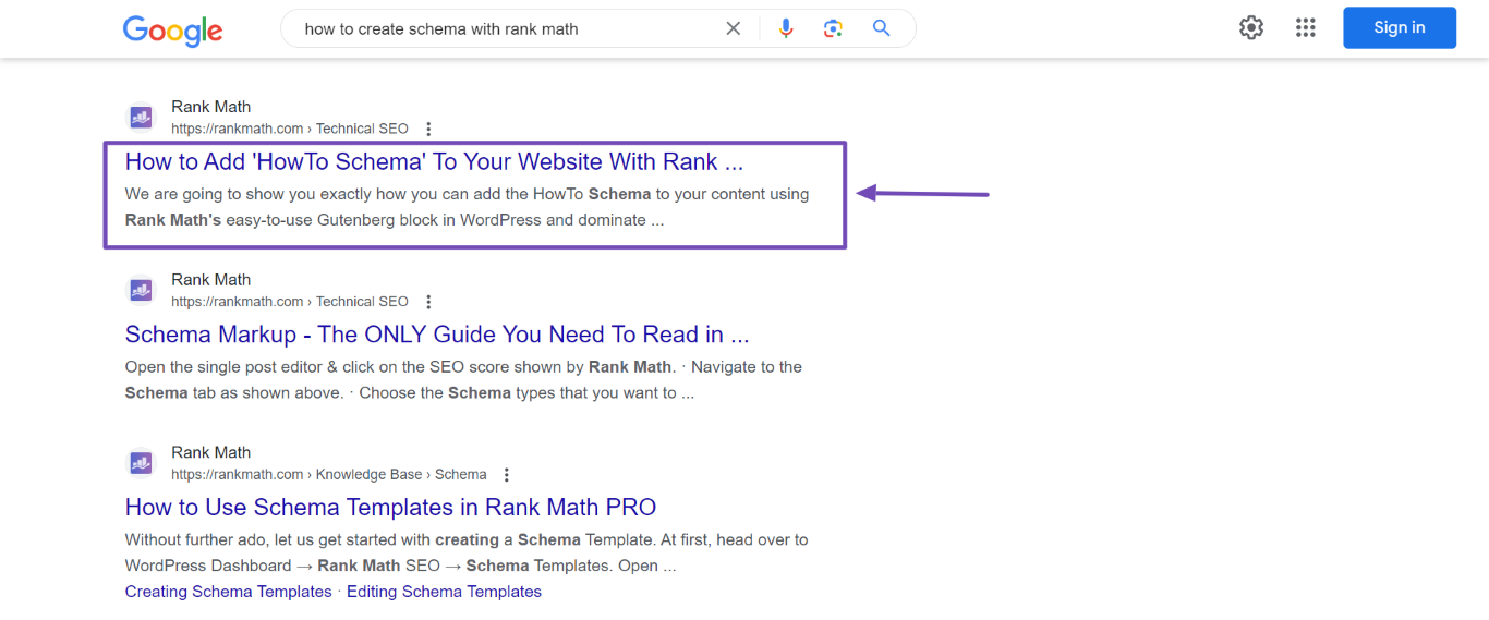 SEO meta title and description on search result pages