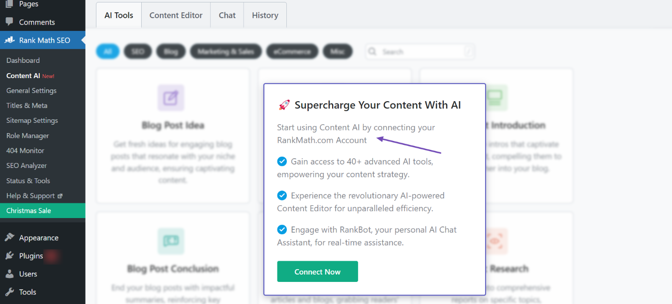 Start using Content AI by connecting your RankMath account.