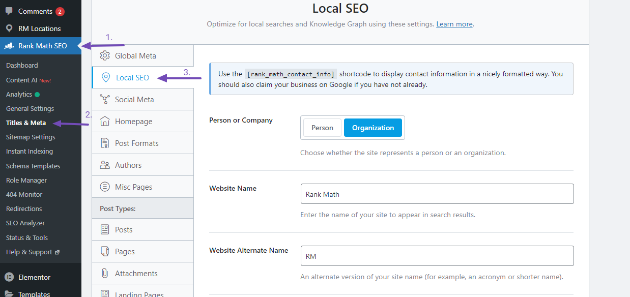 Local SEO settings