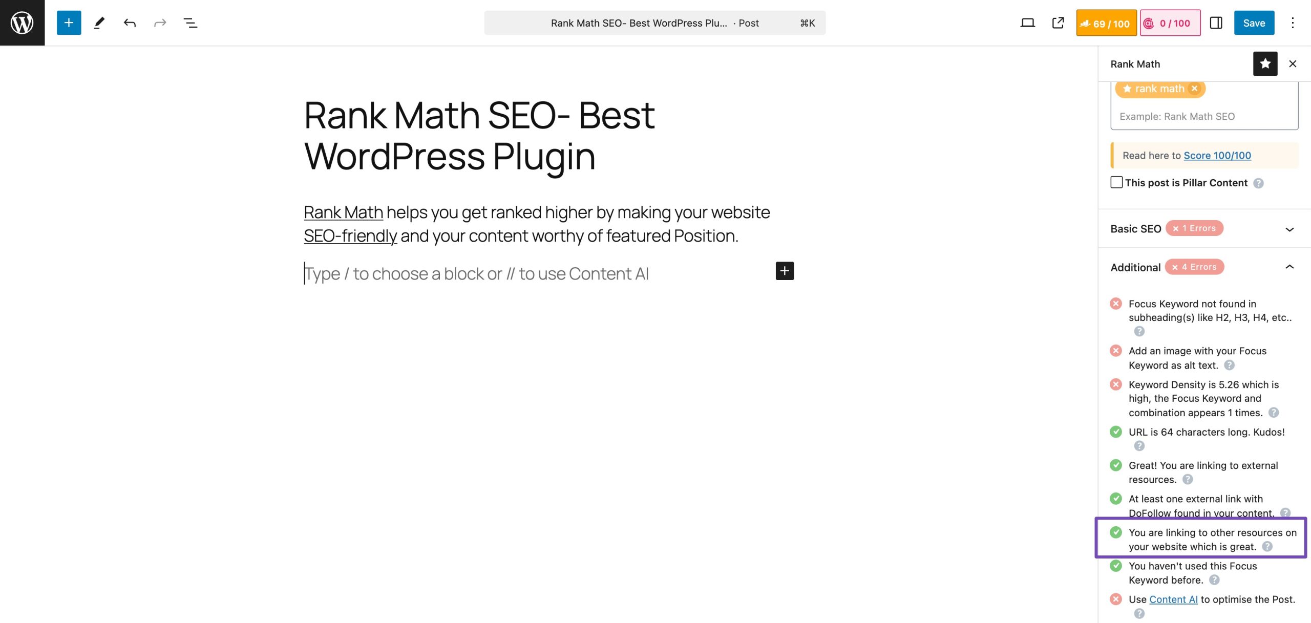 Internal Link check in Rank Math