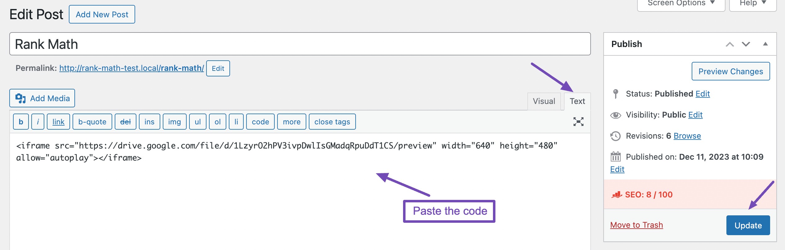 Paste the code in Classic editor