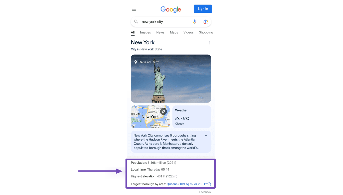Panneau de connaissances Google sur mobile