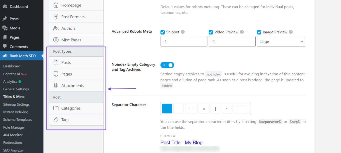 Select the post type to set to noindex