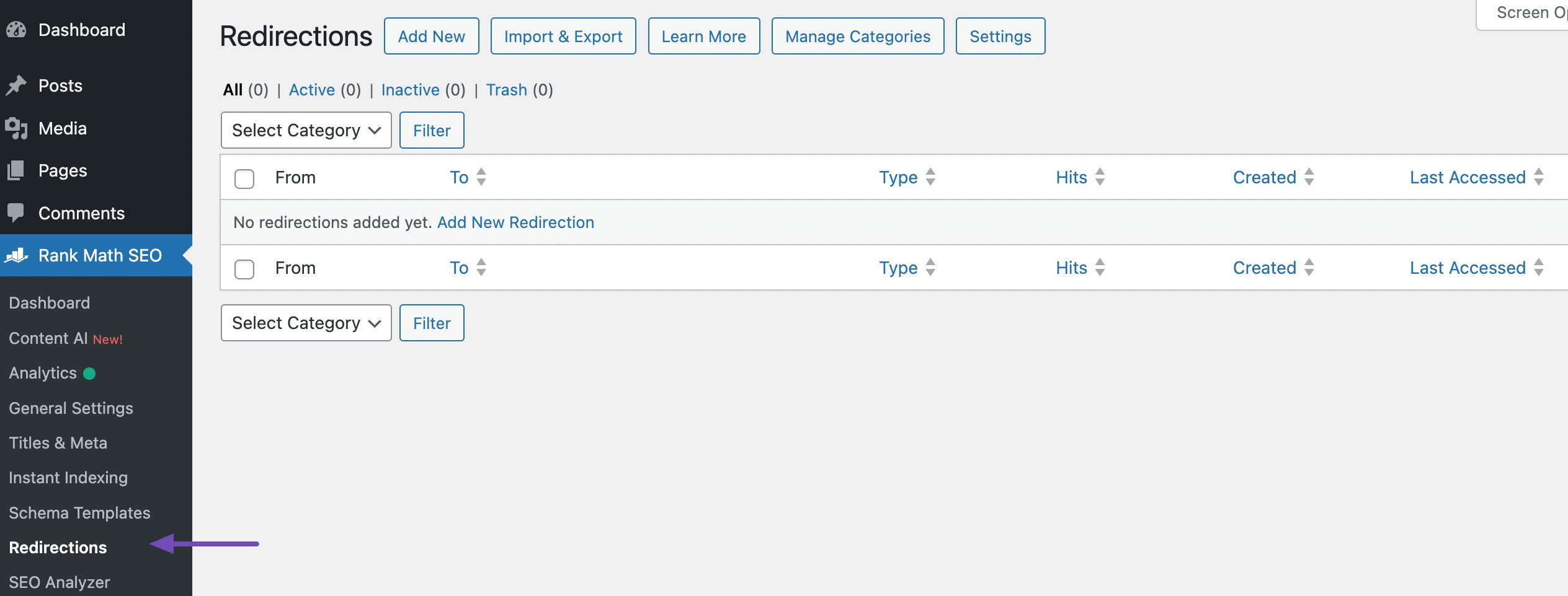 Access the Redirections page