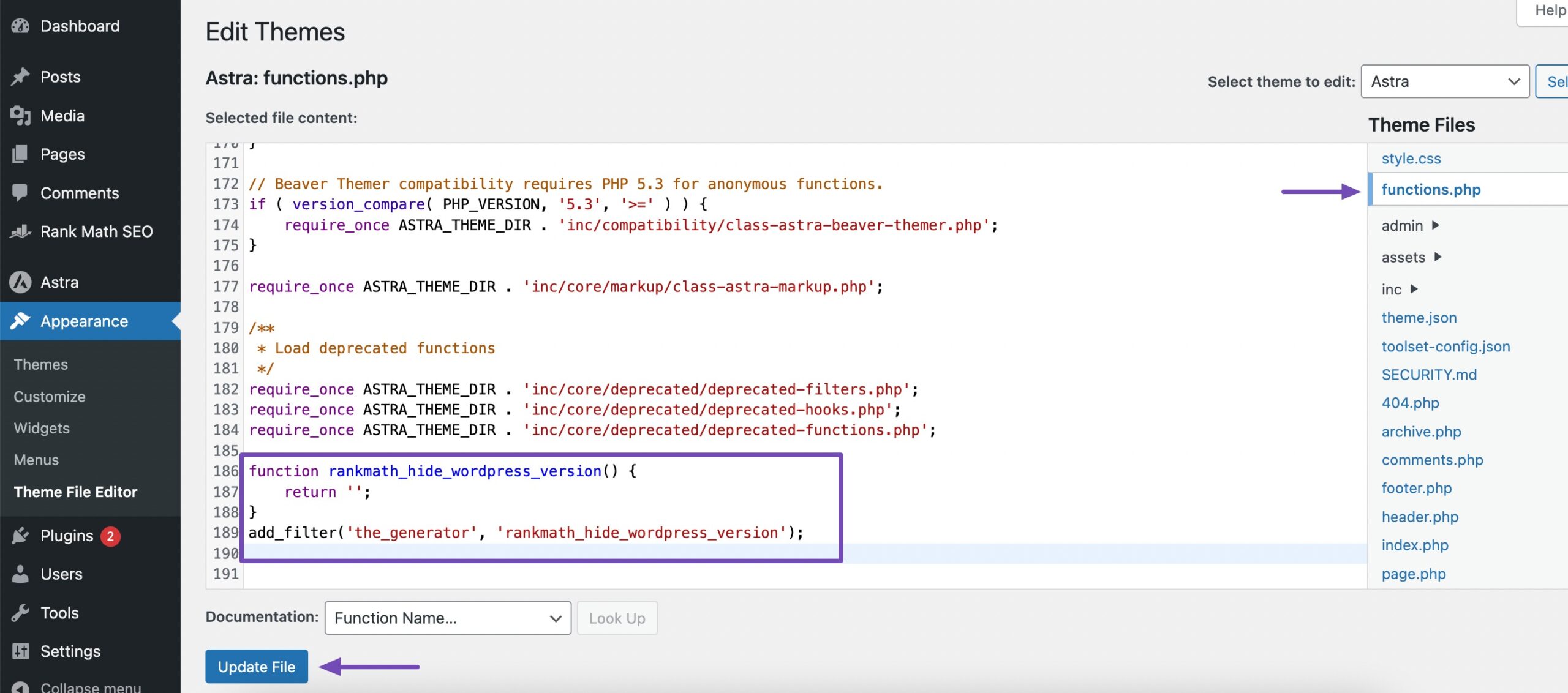 Add code snippet to hide the WordPress version number