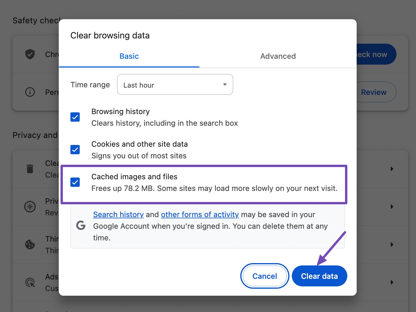 click Clear data button