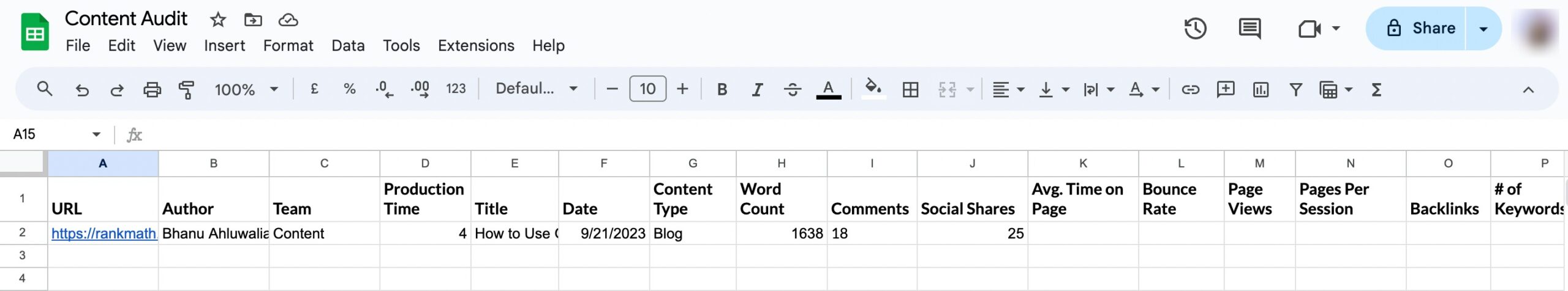 Content Audit spreadsheet example