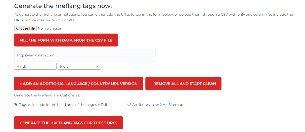 click GENERATE THE HREFLANG TAGS FOR THESE URLS.