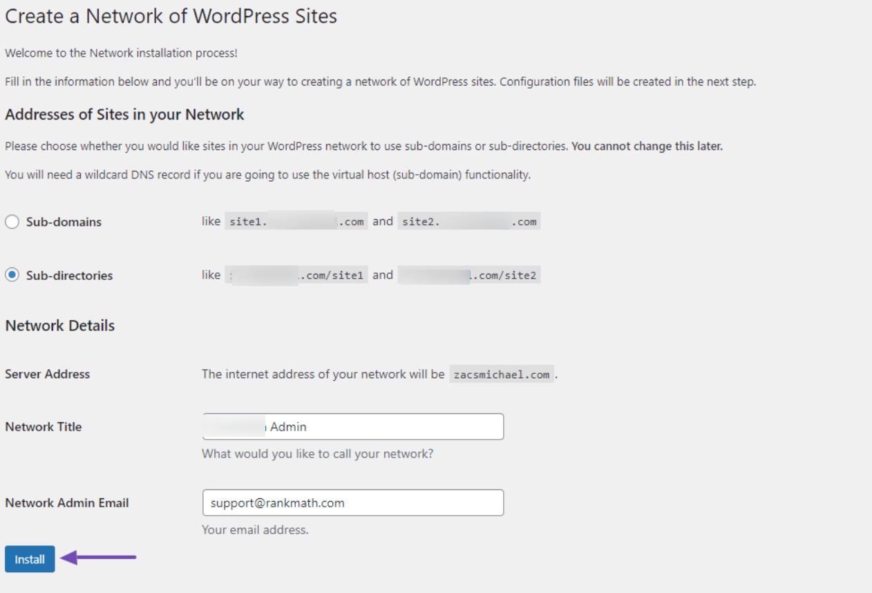 Network of WordPress sites for a multisite network
