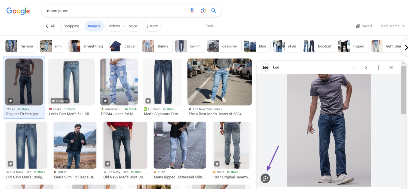 product displayed when the lens feature of Google Images is activated