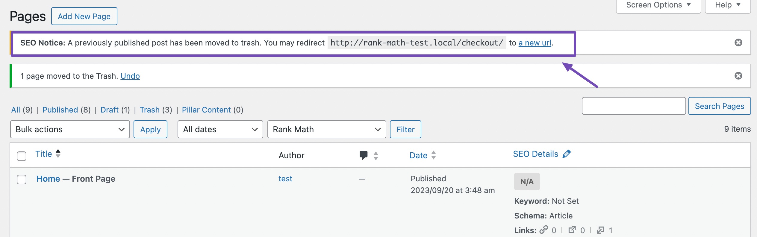 Redirection message in Rank Math