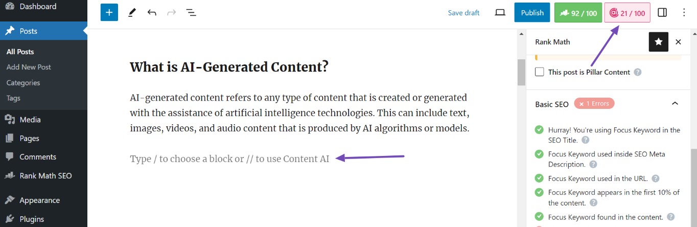 Create a new paragraph and click the Content AI icon at the top-right area of the page