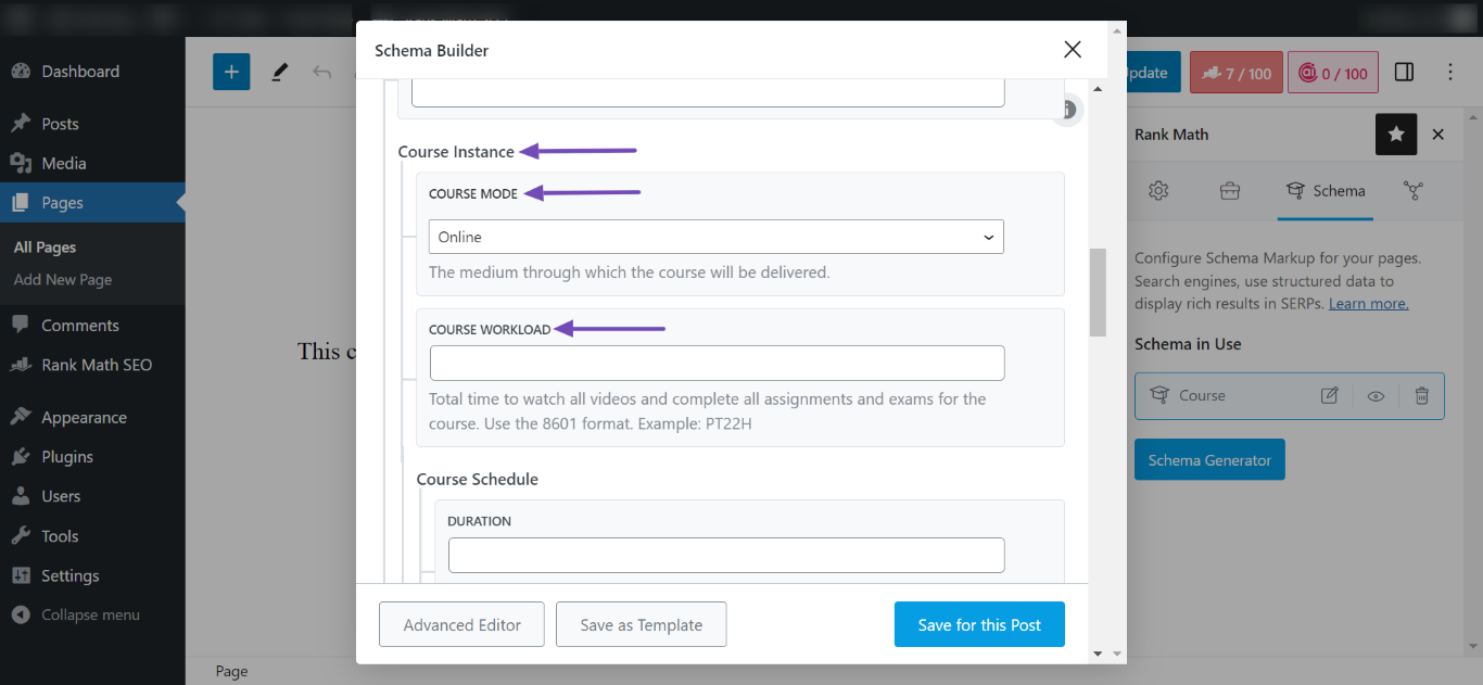 Fill in the Course Mode and Course Workload fields