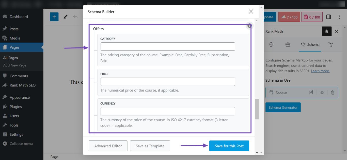 Fill in the category, price, and currency fields