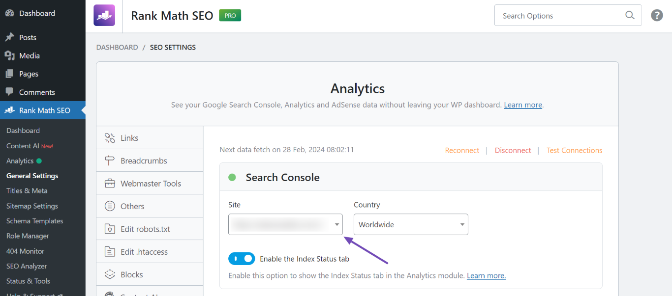 Rank Math creates and selected Analytics property