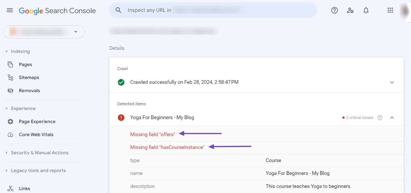 Sample of the hasCourseInstance and offers errors