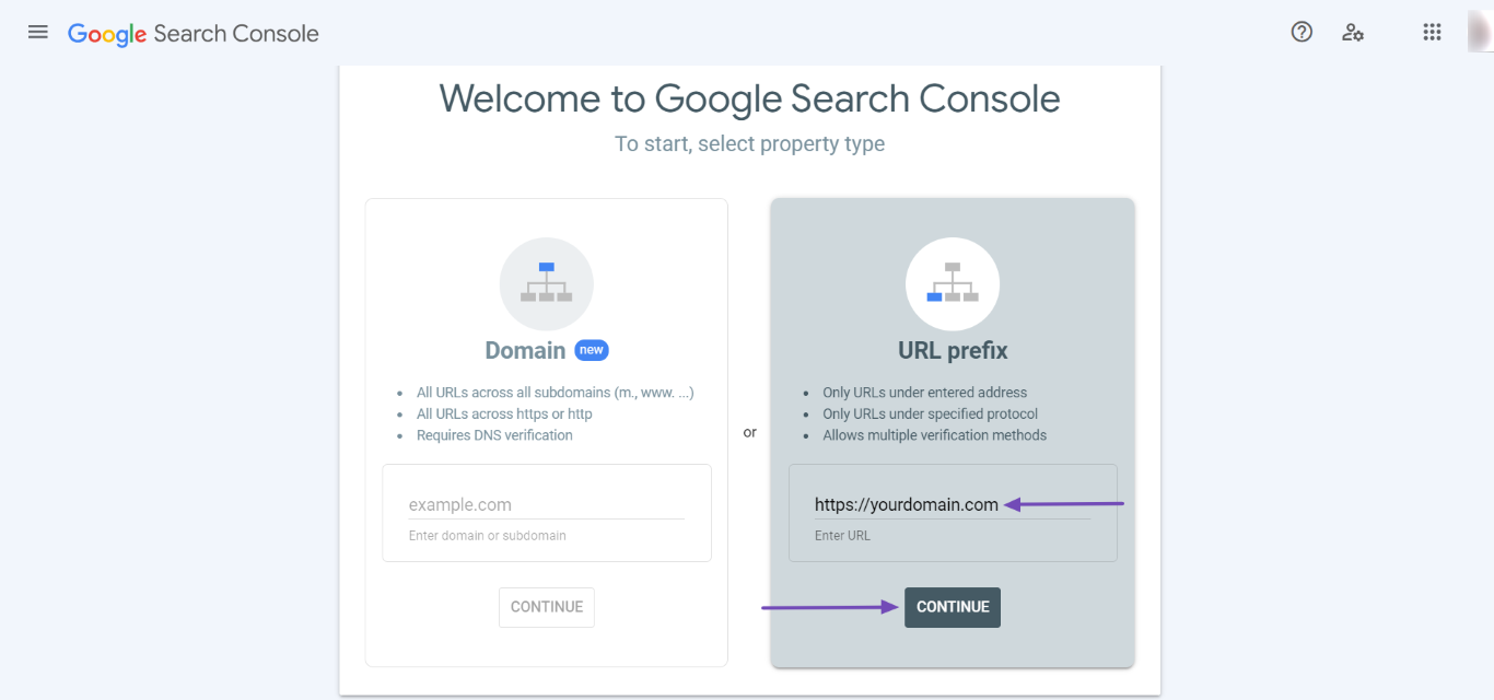 Select property type in Google Search Console