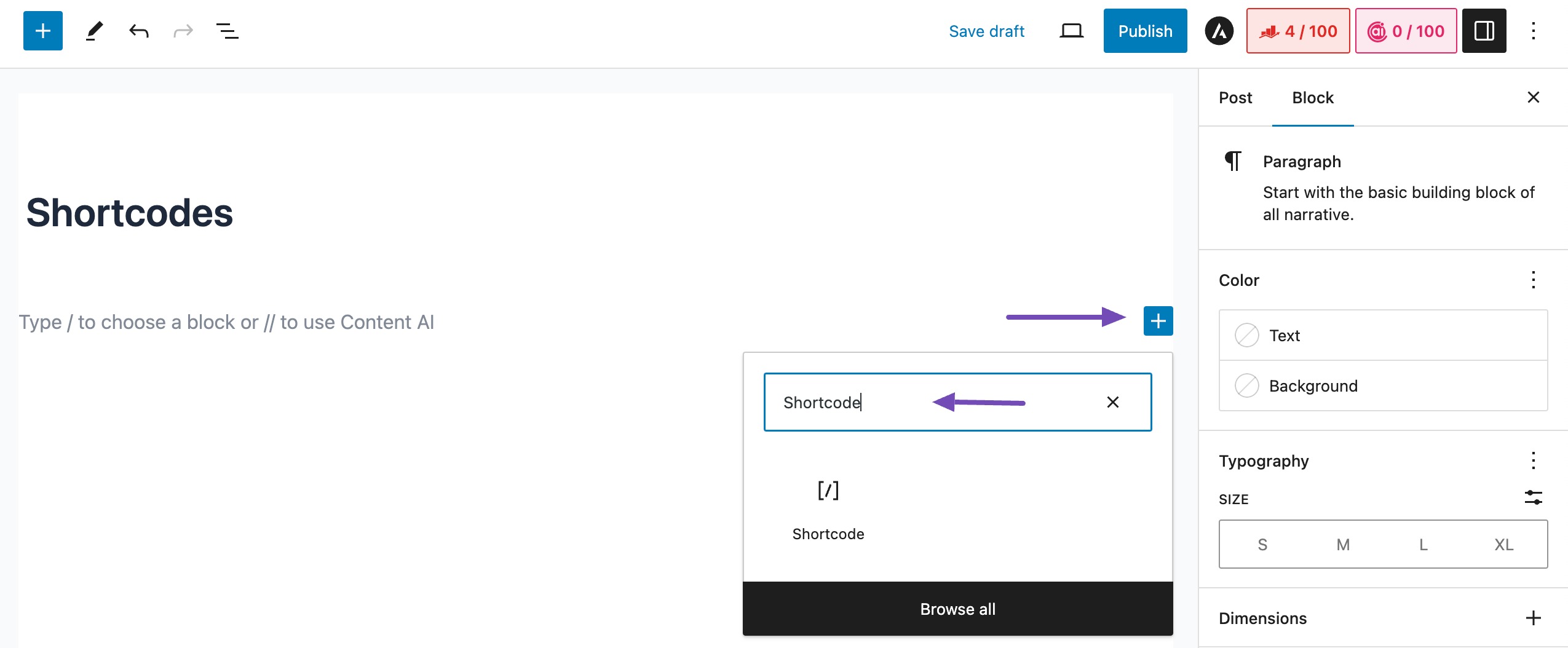 Add a shortcode in Gutenberg