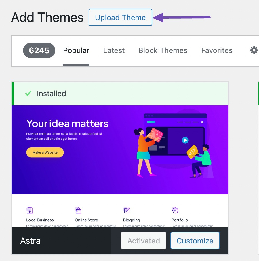 Click Upload Theme button