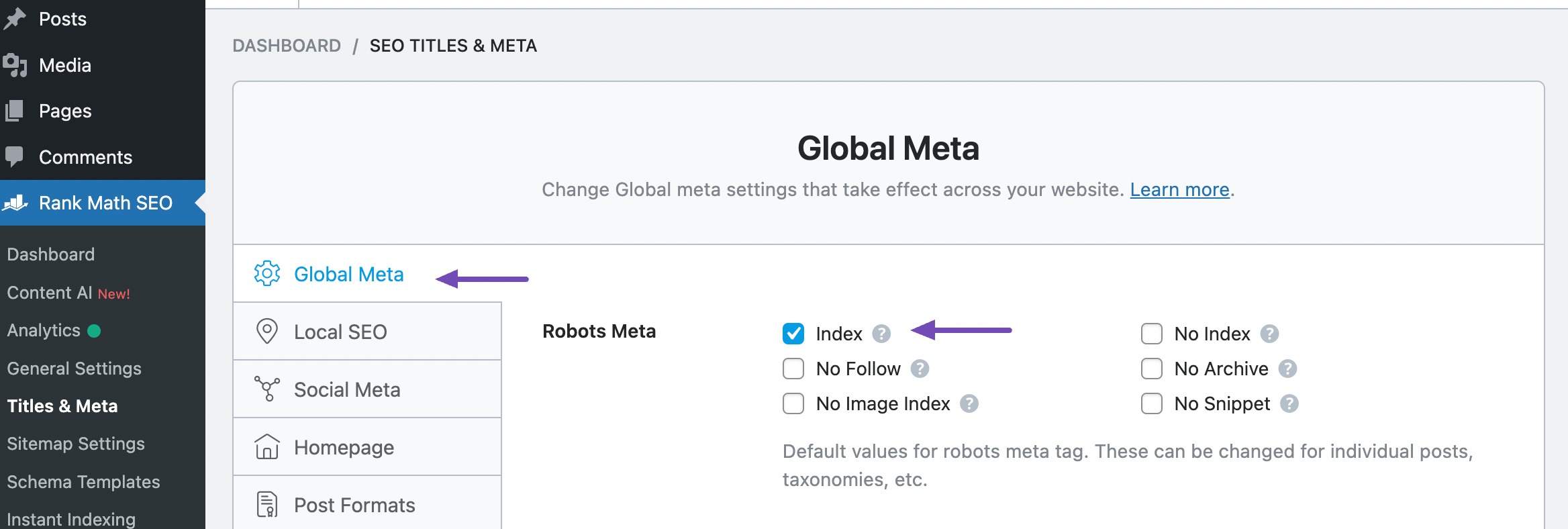 Global Meta set to index