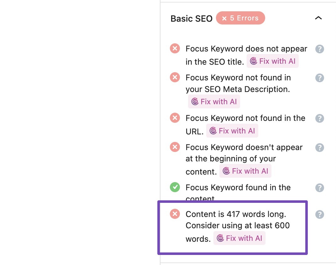 Content is [number] words long. Consider using at least [number] words