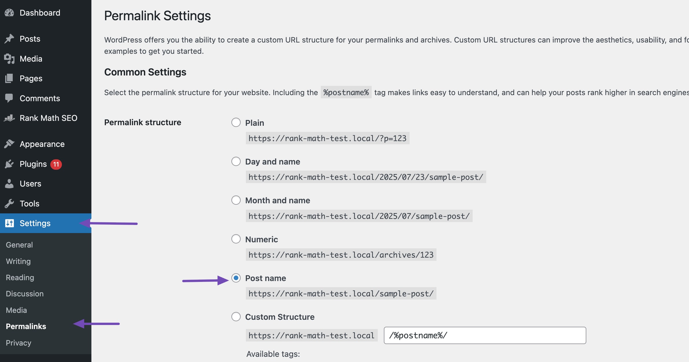 Permalink settings in WordPress