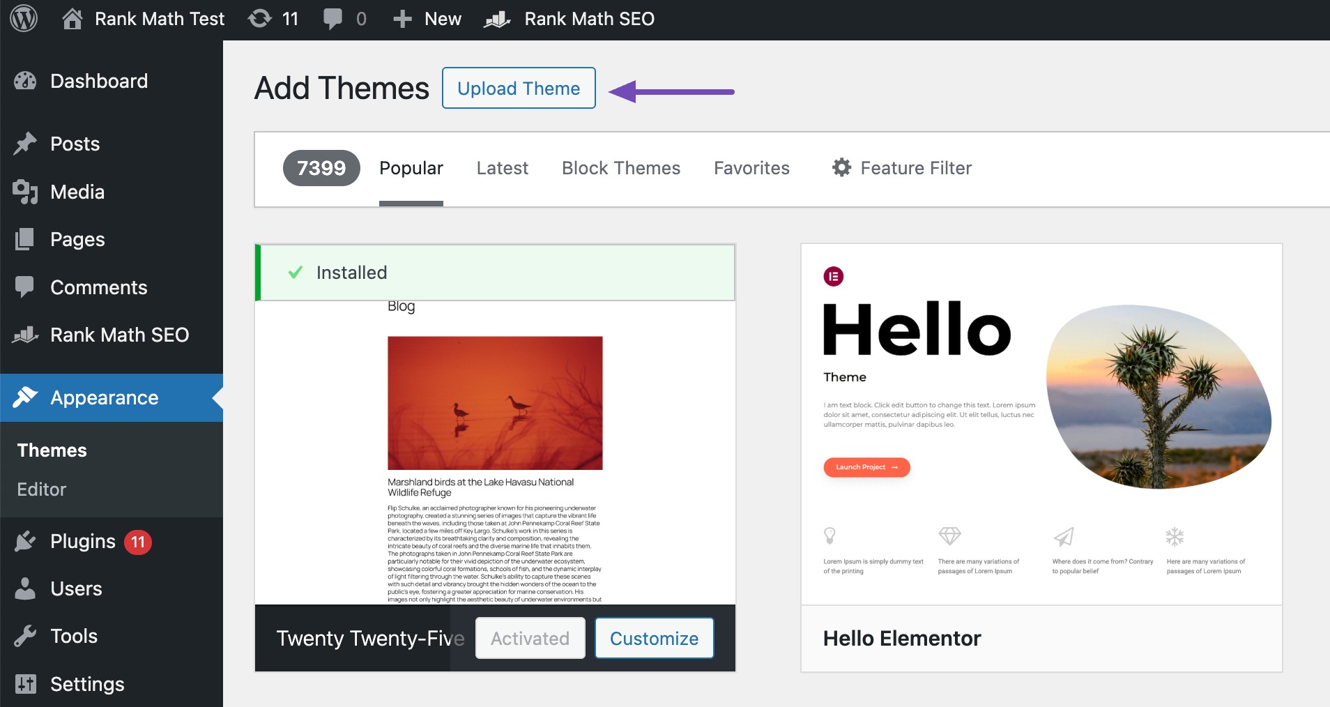 Click Upload Theme button