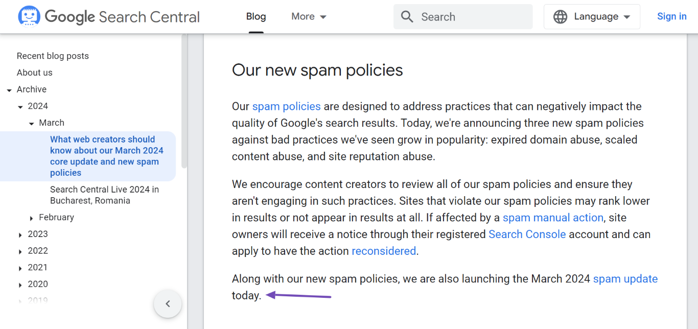 Google's official announcement of the March 2024 Spam Update