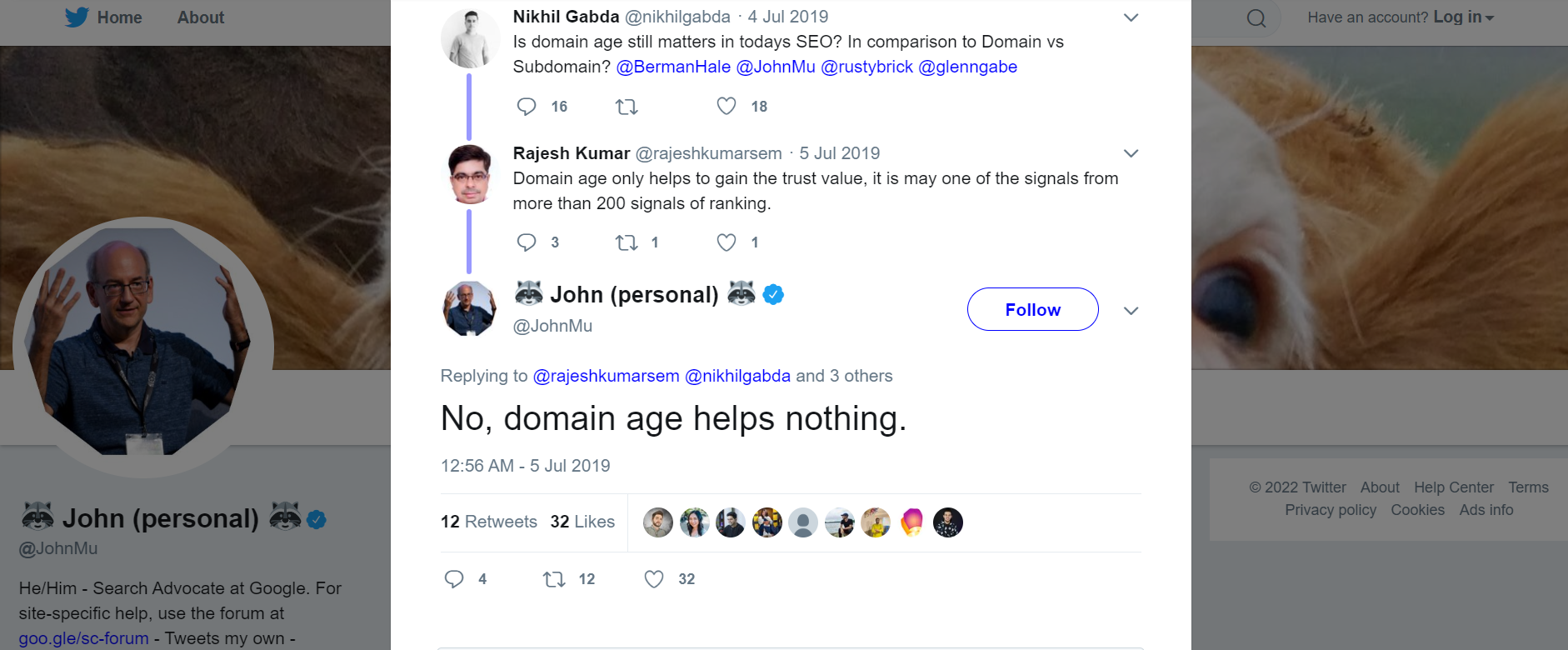 Image of John Mueller saying domain age is not a ranking factor